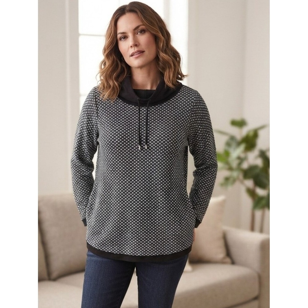 Weekends by Chico's Cowl Neck Sweatshirt Women 2 Black White Dot Casual Cozy Hem